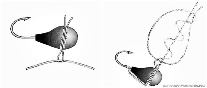 Протягування петельки крізь мормишку і вузол на петлі плетеної жилки: